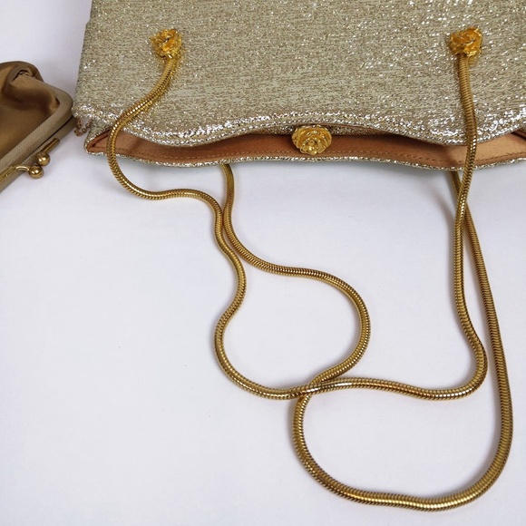 Vintage Gold Metallic Lamé Evening Handbag with Metal Rosette Clasp - Picture 9 of 14